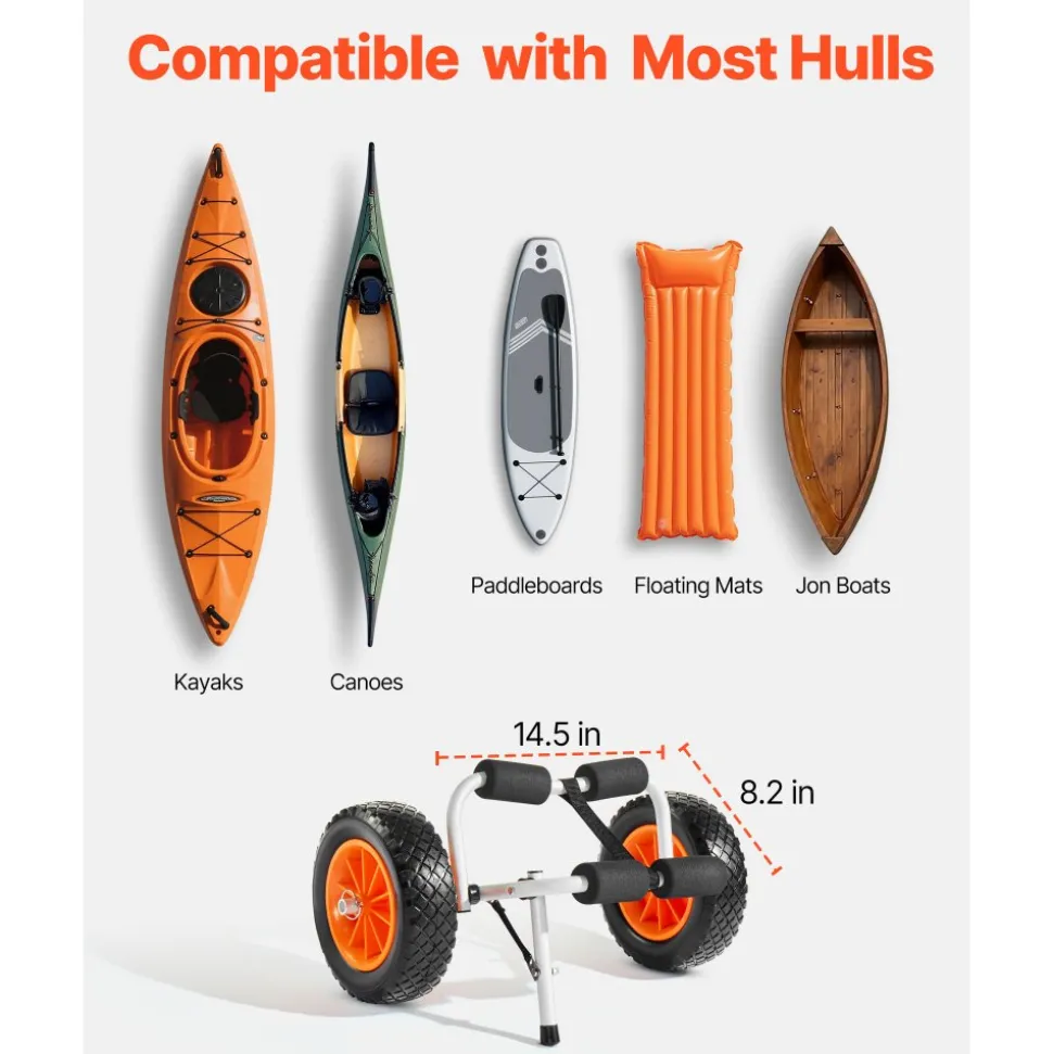 VEVOR Kayak Cart, 200 lbs Load Capacity, Foldable Kayak Trolley with 10-inch Solid Rubber Tires & 1 Ratchet Strap, Paddle Board Trolley for Carrying Kayaks, Canoes, Paddleboards, Float Mats, Jon Boats
