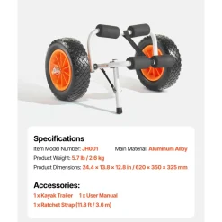 VEVOR Kayak Cart, 200 lbs Load Capacity, Foldable Kayak Trolley with 10-inch Solid Rubber Tires & 1 Ratchet Strap, Paddle Board Trolley for Carrying Kayaks, Canoes, Paddleboards, Float Mats, Jon Boats