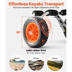 VEVOR Kayak Cart, 200 lbs Load Capacity, Foldable Kayak Trolley with 10-inch Solid Rubber Tires & 1 Ratchet Strap, Paddle Board Trolley for Carrying Kayaks, Canoes, Paddleboards, Float Mats, Jon Boats