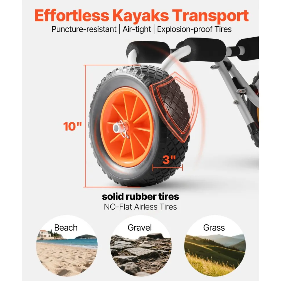 VEVOR Kayak Cart, 200 lbs Load Capacity, Foldable Kayak Trolley with 10-inch Solid Rubber Tires & 1 Ratchet Strap, Paddle Board Trolley for Carrying Kayaks, Canoes, Paddleboards, Float Mats, Jon Boats
