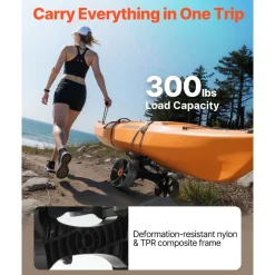 VEVOR Kayak Cart, 300 lbs Load Capacity, Foldable Kayak Trolley with 10-inch Solid Rubber Tires & 1 Ratchet Strap, Paddle Board Trolley for Carrying Kayaks, Canoes, Paddleboards, Float Mats, Jon Boats