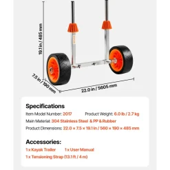 VEVOR Kayak Cart, 250 lbs Load Capacity, Canoe Cart Dolly with 7.5-inch Solid Rubber Tires & Kickstand, Assembles & Disassembles Within Seconds, Paddle Board Trolley for Kayaks, Canoes, Paddleboards