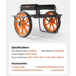 VEVOR Kayak Cart, 330 lbs Load Capacity, Canoe Cart Dolly with 15-inch Solid Rubber Tires & Kickstand, Assembles & Disassembles Within Seconds, Paddle Board Trolley for Kayaks, Canoes, Paddleboards