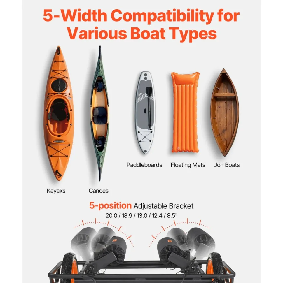 VEVOR Kayak Cart, 330 lbs Load Capacity, Canoe Cart Dolly with 15-inch Solid Rubber Tires & Kickstand, Assembles & Disassembles Within Seconds, Paddle Board Trolley for Kayaks, Canoes, Paddleboards