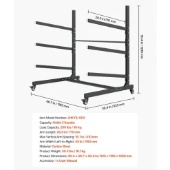 VEVOR Kayak Storage Rack for 3 Kayaks, Holds 200 lbs, Heavy Duty Adjustable Freestanding Stand with Lockable Wheels for Indoor Outdoor Garage Shed Dock, Holder for Canoe, SUP, Surfboard & Paddleboard