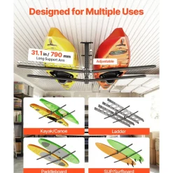 VEVOR Kayak Storage Rack for 2 Kayaks, Holds Up to 250 lbs, Heavy Duty Adjustable Ceiling Rack for Garage Ceiling Mount, Overhead Garage Storage Hanger for Canoe, Ladder, SUP, Surfboard & Paddleboard