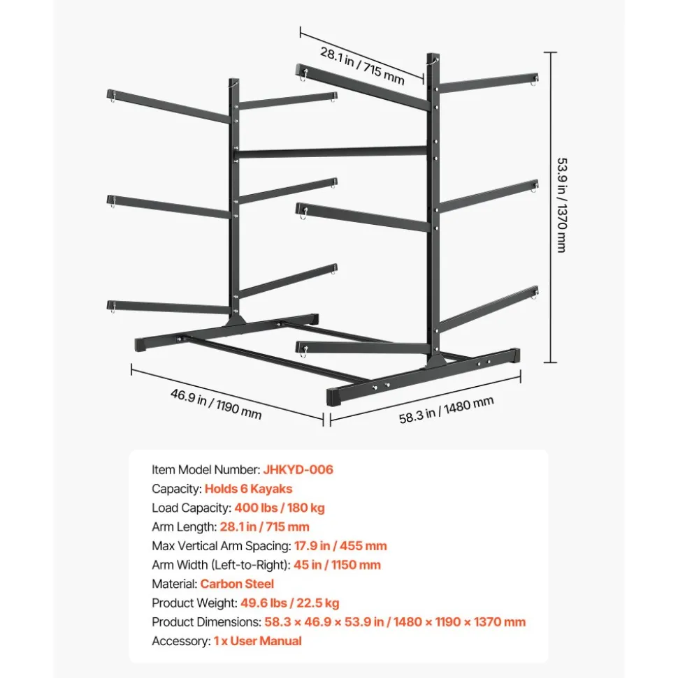 VEVOR Kayak Storage Rack for 6 Kayaks, Holds 400 lbs, Heavy Duty Freestanding Stand for Indoor Outdoor Garage Shed Dock, Storage Rack Stand Holder for Canoe, Small Boat, SUP, Surfboard & Paddleboard