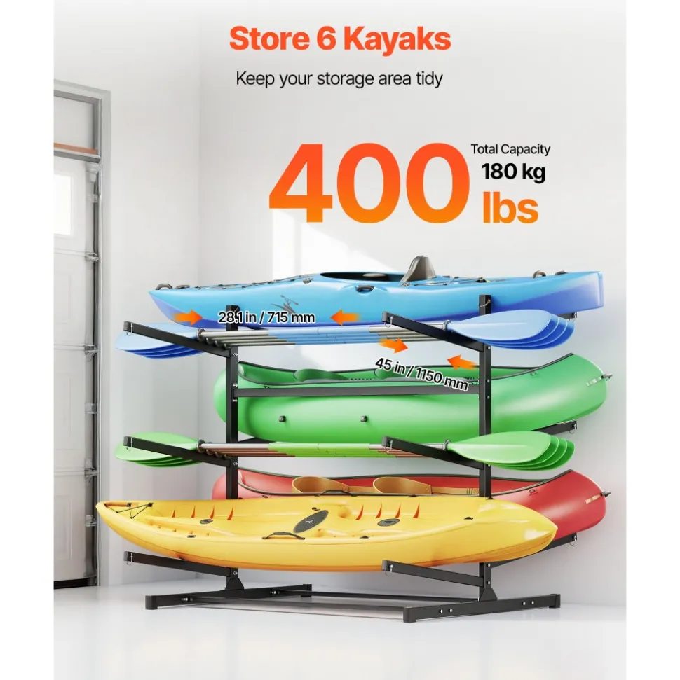 VEVOR Kayak Storage Rack for 6 Kayaks, Holds 400 lbs, Heavy Duty Freestanding Stand for Indoor Outdoor Garage Shed Dock, Storage Rack Stand Holder for Canoe, Small Boat, SUP, Surfboard & Paddleboard