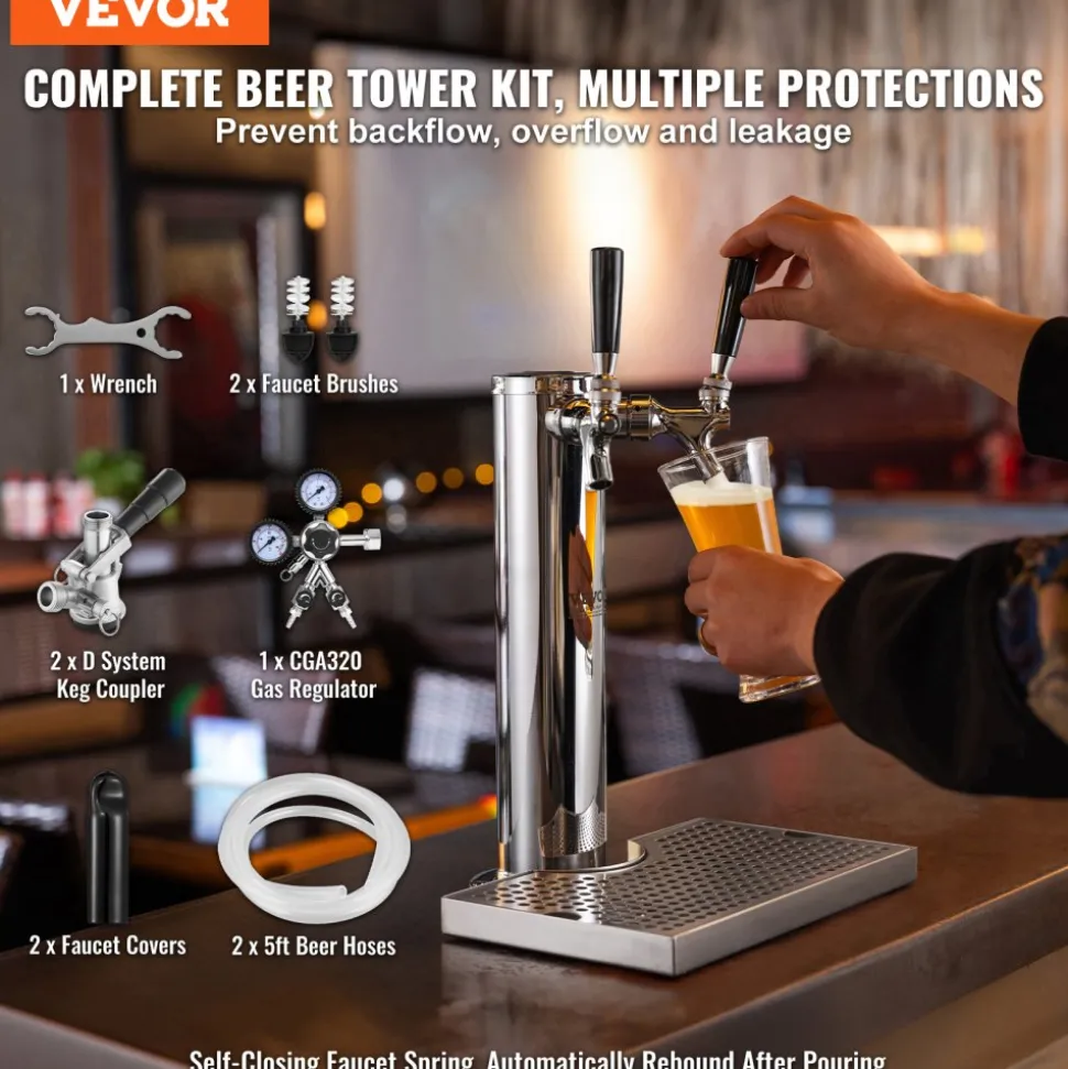 VEVOR Kegerator Tower Kit, Dual Taps Beer Conversion Kit, Stainless Steel Keg Beer Tower Dispenser with Dual Gauge CGA320 Regulator & D-System Keg Coupler, Beer Drip Tray for Party Home