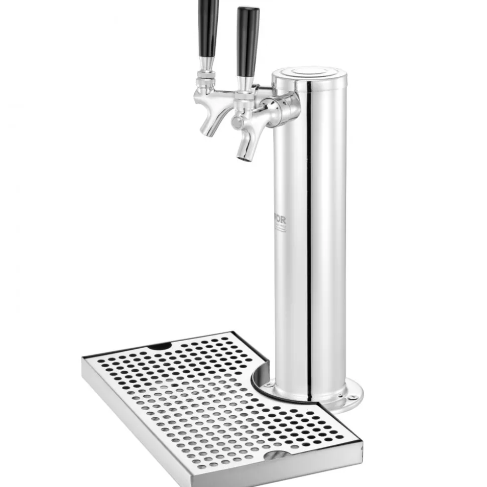 VEVOR Kegerator Tower Kit, Dual Taps Beer Conversion Kit, Stainless Steel Keg Beer Tower Dispenser with Dual Gauge CGA320 Regulator & D-System Keg Coupler, Beer Drip Tray for Party Home