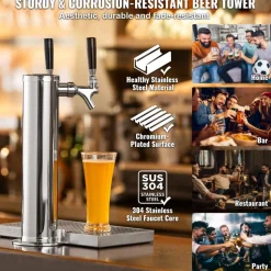 VEVOR Kegerator Tower Kit, Dual Taps Beer Conversion Kit, Stainless Steel Keg Beer Tower Dispenser with Dual Gauge CGA320 Regulator & D-System Keg Coupler, Beer Drip Tray for Party Home