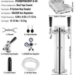 VEVOR Kegerator Tower Kit, Dual Taps Beer Conversion Kit, Stainless Steel Keg Beer Tower Dispenser with Dual Gauge CGA320 Regulator & D-System Keg Coupler, Beer Drip Tray for Party Home