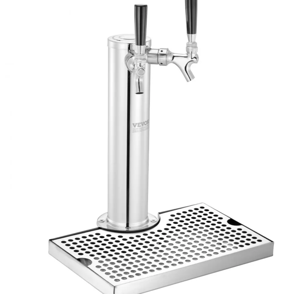 VEVOR Kegerator Tower Kit, Dual Taps Beer Conversion Kit, Stainless Steel Keg Beer Tower Dispenser with Dual Gauge CGA320 Regulator & D-System Keg Coupler, Beer Drip Tray for Party Home