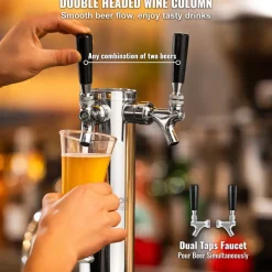 VEVOR Kegerator Tower Kit, Dual Taps Beer Conversion Kit, Stainless Steel Keg Beer Tower Dispenser with Dual Gauge CGA320 Regulator & D-System Keg Coupler, Self-Closing Spring for Party Bar Home