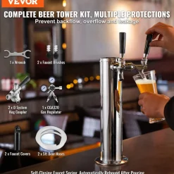 VEVOR Kegerator Tower Kit, Dual Taps Beer Conversion Kit, Stainless Steel Keg Beer Tower Dispenser with Dual Gauge CGA320 Regulator & D-System Keg Coupler, Self-Closing Spring for Party Bar Home