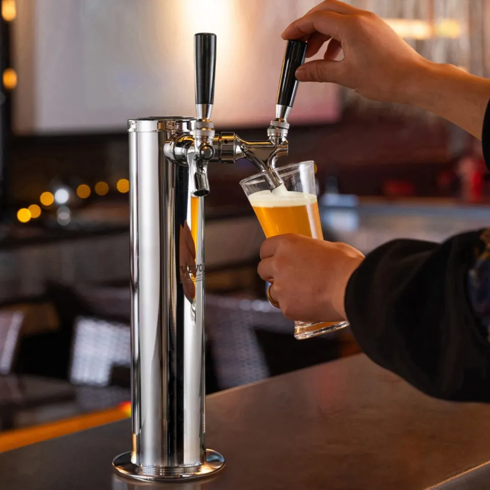 VEVOR Kegerator Tower Kit, Dual Taps Beer Conversion Kit, Stainless Steel Keg Beer Tower Dispenser with Dual Gauge CGA320 Regulator & D-System Keg Coupler, Self-Closing Spring for Party Bar Home