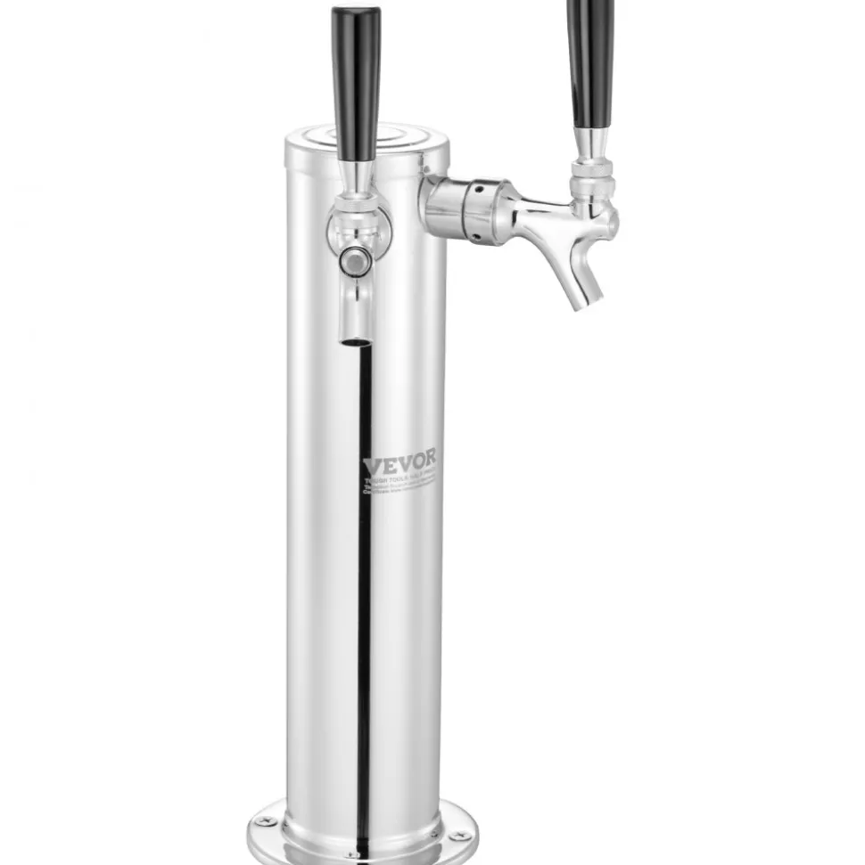 VEVOR Kegerator Tower Kit, Dual Taps Beer Conversion Kit, Stainless Steel Keg Beer Tower Dispenser with Dual Gauge CGA320 Regulator & D-System Keg Coupler, Self-Closing Spring for Party Bar Home