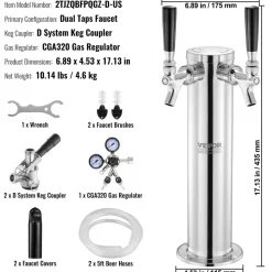 VEVOR Kegerator Tower Kit, Dual Taps Beer Conversion Kit, Stainless Steel Keg Beer Tower Dispenser with Dual Gauge CGA320 Regulator & D-System Keg Coupler, Self-Closing Spring for Party Bar Home