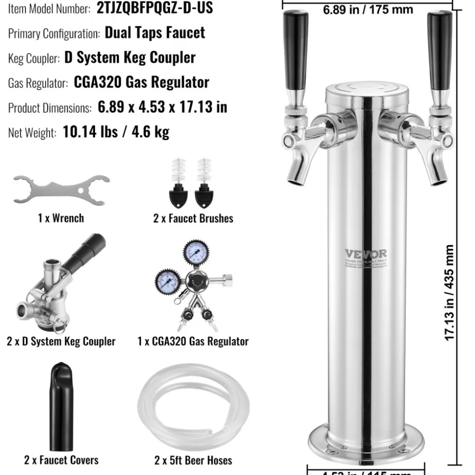 VEVOR Kegerator Tower Kit, Dual Taps Beer Conversion Kit, Stainless Steel Keg Beer Tower Dispenser with Dual Gauge CGA320 Regulator & D-System Keg Coupler, Self-Closing Spring for Party Bar Home