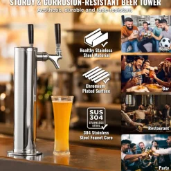 VEVOR Kegerator Tower Kit, Dual Taps Beer Conversion Kit, Stainless Steel Keg Beer Tower Dispenser with Dual Gauge CGA320 Regulator & D-System Keg Coupler, Self-Closing Spring for Party Bar Home