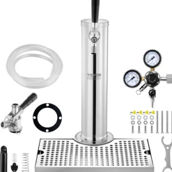 VEVOR Kegerator Tower Kit, Single Tap Beer Conversion Kit, Stainless Steel Keg Beer Tower Dispenser with Dual Gauge CGA320 Regulator & D-System Keg Coupler, Beer Drip Tray for Party Home