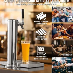 VEVOR Kegerator Tower Kit, Single Tap Beer Conversion Kit, Stainless Steel Keg Beer Tower Dispenser with Dual Gauge CGA320 Regulator & D-System Keg Coupler, Beer Drip Tray for Party Home
