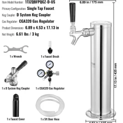 VEVOR Kegerator Tower Kit, Single Tap Beer Conversion Kit, Stainless Steel Keg Beer Tower Dispenser with Dual Gauge CGA320 Regulator & D-System Keg Coupler, Self-Closing Spring for Party Bar Home