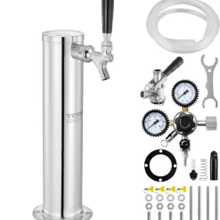 VEVOR Kegerator Tower Kit, Single Tap Beer Conversion Kit, Stainless Steel Keg Beer Tower Dispenser with Dual Gauge CGA320 Regulator & D-System Keg Coupler, Self-Closing Spring for Party Bar Home