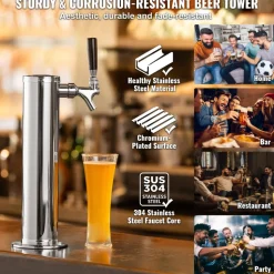 VEVOR Kegerator Tower Kit, Single Tap Beer Conversion Kit, Stainless Steel Keg Beer Tower Dispenser with Dual Gauge CGA320 Regulator & D-System Keg Coupler, Self-Closing Spring for Party Bar Home