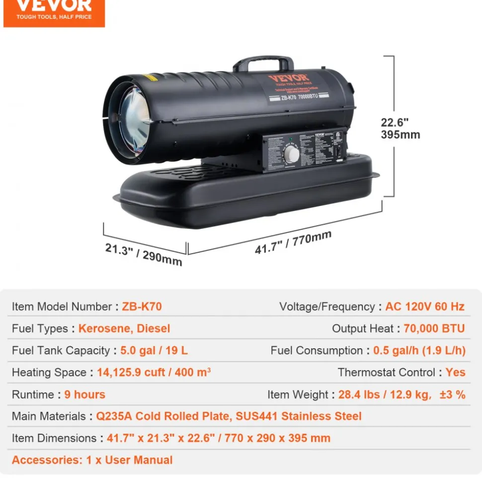VEVOR Kerosene Forced Air Heater, 70000 BTU Portable Torpedo Diesel Space Heater with Thermostat, 5 Gallon Tank Energy-Efficient heavy-duty Heater, for Indoor Outdoor Use Workshop Industry