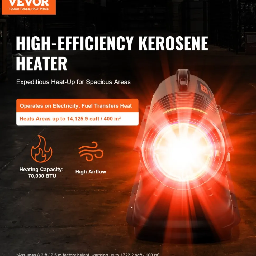 VEVOR Kerosene Forced Air Heater, 70000 BTU Portable Torpedo Diesel Space Heater with Thermostat, 5 Gallon Tank Energy-Efficient heavy-duty Heater, for Indoor Outdoor Use Workshop Industry
