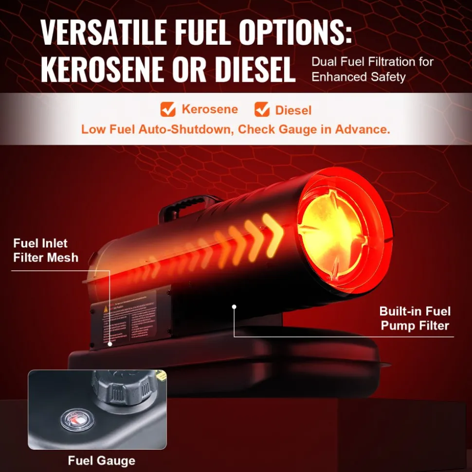 VEVOR Kerosene Forced Air Heater, 70000 BTU Portable Torpedo Diesel Space Heater with Thermostat, 5 Gallon Tank Energy-Efficient heavy-duty Heater, for Indoor Outdoor Use Workshop Industry