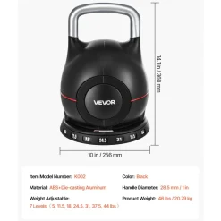 VEVOR Kettlebell, Adjustable Kettlebell with 7 Weight Levels (5, 11.5, 18, 24.5, 31, 37.5, 44 lbs), Die-Cast Aluminum and ABS Material, for Grip Strength Training, Full-body Workout & Cross-Training