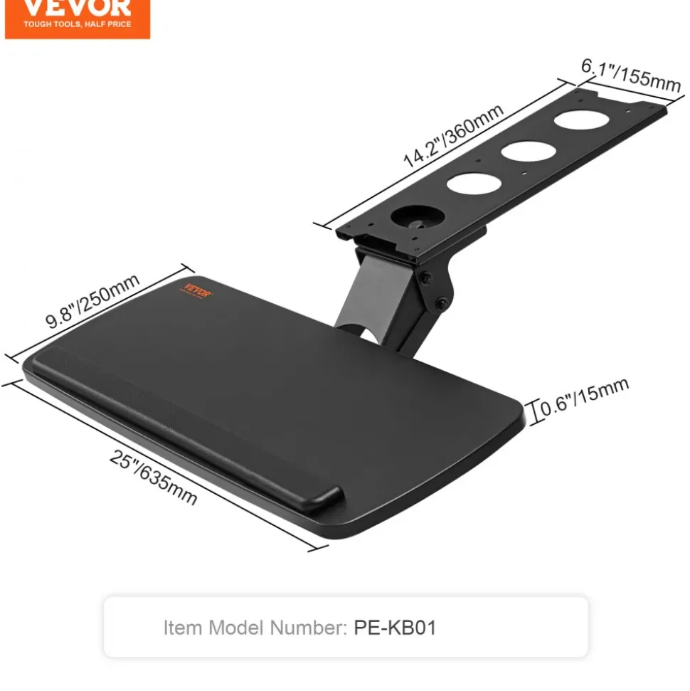 VEVOR Keyboard Tray under Desk Adjustable Height, Height and Angle Adjustable under Desk Keyboard Tray Slide out, Large 25x9.8 inch Keyboard Holder under Desk for Typing in Home, Office Work