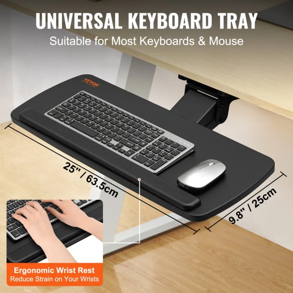 VEVOR Keyboard Tray under Desk Adjustable Height, Height and Angle Adjustable under Desk Keyboard Tray Slide out, Large 25x9.8 inch Keyboard Holder under Desk for Typing in Home, Office Work