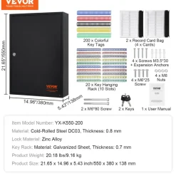 VEVOR 200-Key Cabinet, Key Lock Box with Adjustable Racks, Security Key Storage Box Steel, Key Organizer with 200 Colorful Key Tags and 4 Record Cards for School, Office, Hotel