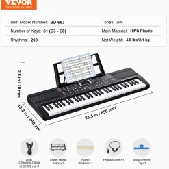 VEVOR 61 Key Digital Keyboard Piano, 200 Tones 200 Rhythms, Electric Portable Piano Keyboard Kit with 60 Demo Songs Built-In Dual Speakers Headphones, Piano Stickers for Beginners Learning