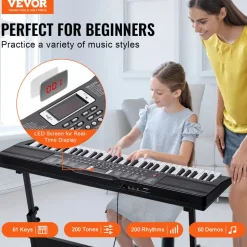 VEVOR 61 Key Digital Keyboard Piano, 200 Tones 200 Rhythms, Electric Portable Piano Keyboard Kit with 60 Demo Songs Built-In Dual Speakers Headphones, Piano Stickers for Beginners Learning