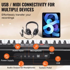 VEVOR 61 Key Digital Keyboard Piano, Lighted Keys, Electric Portable Piano with Adjustable Stand 600 Tones 500 Rhythms Built-In Speakers Sustain Pedal Headphones, USB MIDI for Beginners