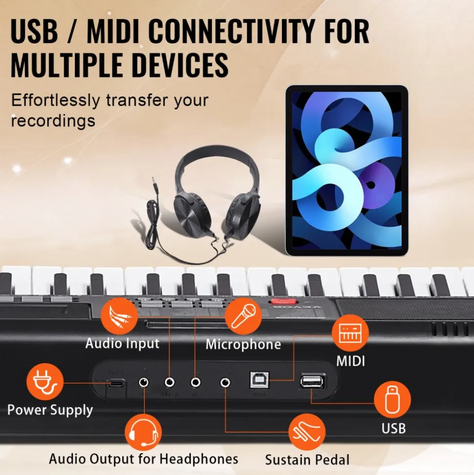 VEVOR 61 Key Digital Keyboard Piano, Lighted Keys, Electric Portable Piano with Adjustable Stand 600 Tones 500 Rhythms Built-In Speakers Sustain Pedal Headphones, USB MIDI for Beginners