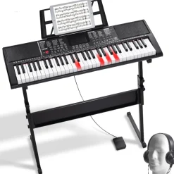 VEVOR 61 Key Digital Keyboard Piano, Lighted Keys, Electric Portable Piano with Adjustable Stand 600 Tones 500 Rhythms Built-In Speakers Sustain Pedal Headphones, USB MIDI for Beginners