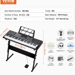VEVOR 61 Key Digital Keyboard Piano, Lighted Keys, Electric Portable Piano with Adjustable Stand 600 Tones 500 Rhythms Built-In Speakers Sustain Pedal Headphones, USB MIDI for Beginners