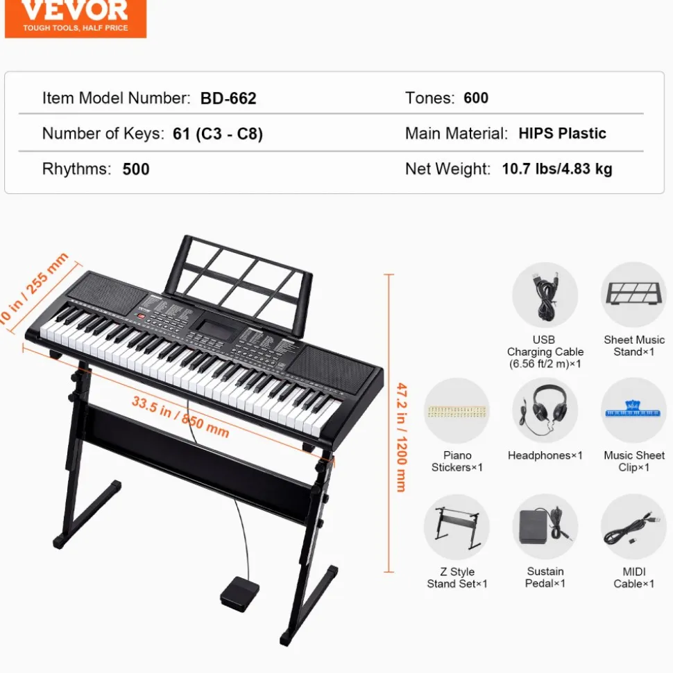 VEVOR 61 Key Digital Keyboard Piano, Lighted Keys, Electric Portable Piano with Adjustable Stand 600 Tones 500 Rhythms Built-In Speakers Sustain Pedal Headphones, USB MIDI for Beginners