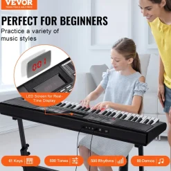 VEVOR 61 Key Digital Keyboard Piano, Lighted Keys, Electric Portable Piano with Adjustable Stand 600 Tones 500 Rhythms Built-In Speakers Sustain Pedal Headphones, USB MIDI for Beginners