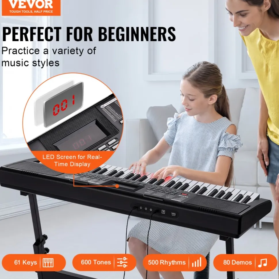 VEVOR 61 Key Digital Keyboard Piano, Lighted Keys, Electric Portable Piano with Adjustable Stand 600 Tones 500 Rhythms Built-In Speakers Sustain Pedal Headphones, USB MIDI for Beginners