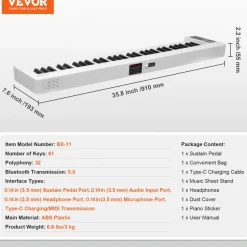 VEVOR 61 Key Folding Keyboard Piano, Bluetooth & MIDI, Portable Electronic Digital Foldable Piano with Sustain Pedal Touch Sensitive Lighted Keys Bag, Rechargeable for Beginners Teens Adults, White