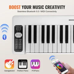 VEVOR 61 Key Folding Keyboard Piano, Bluetooth & MIDI, Portable Electronic Digital Foldable Piano with Sustain Pedal Touch Sensitive Lighted Keys Bag, Rechargeable for Beginners Teens Adults, White