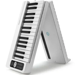 VEVOR 61 Key Folding Keyboard Piano, Bluetooth & MIDI, Portable Electronic Digital Foldable Piano with Sustain Pedal Touch Sensitive Lighted Keys Bag, Rechargeable for Beginners Teens Adults, White