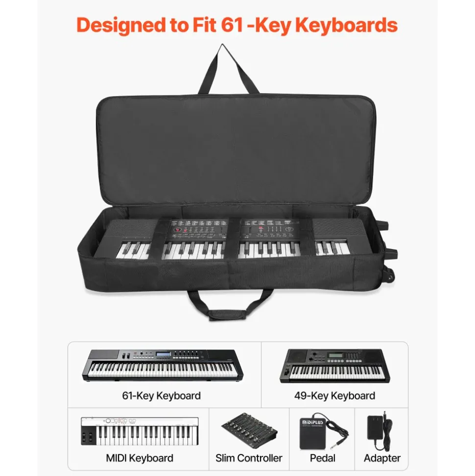 VEVOR 61 Key Keyboard Case, 40.9 x 16.9 x 5.1 in Interior, Padded Rolling Piano Case with Wheels, Sturdy Handle, 3-Pocket Storage, Gig Bag with Smooth Wheels, for 88 Note Keyboards and Electric Pianos
