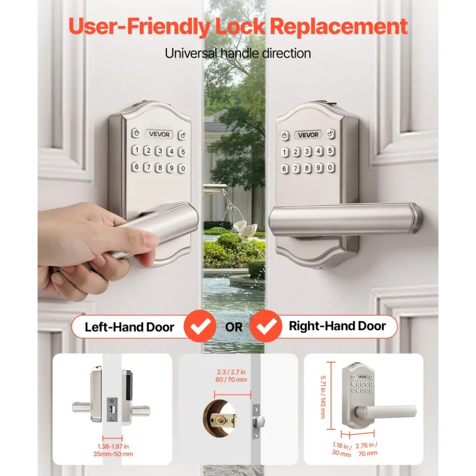 VEVOR Keyless Entry Door Lock with Handle, Electronic Lever Door Handle with Keypad, Customizable User Codes, Keyed Entry, Auto Lock, Anti-Peeking Password, Backlit Keypad, for Home, Satin Nickel